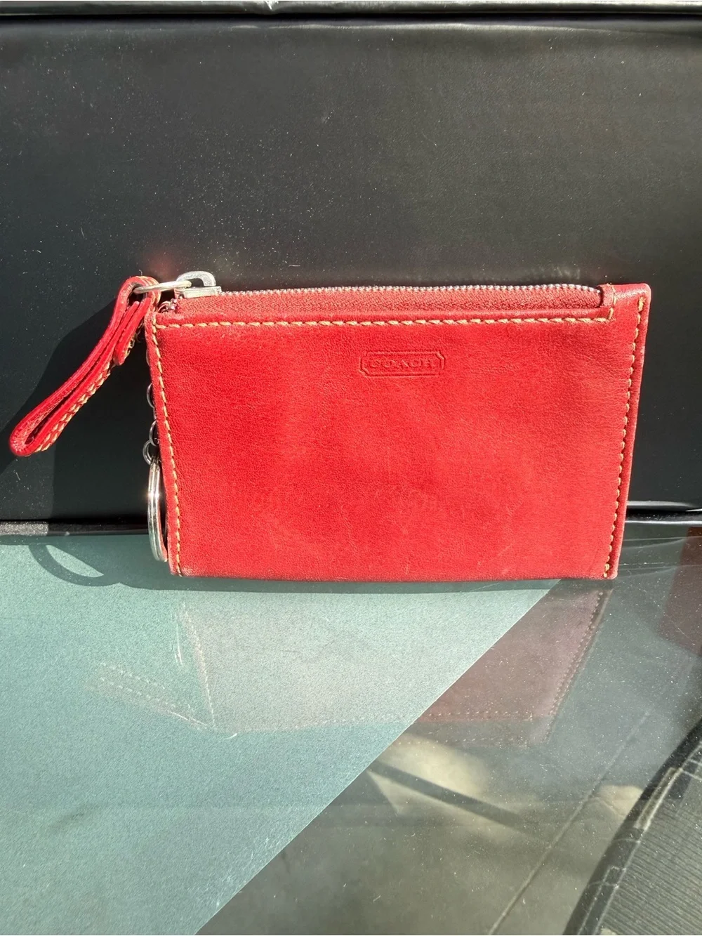Coach Red Leather Zip Card Case with Keyring
